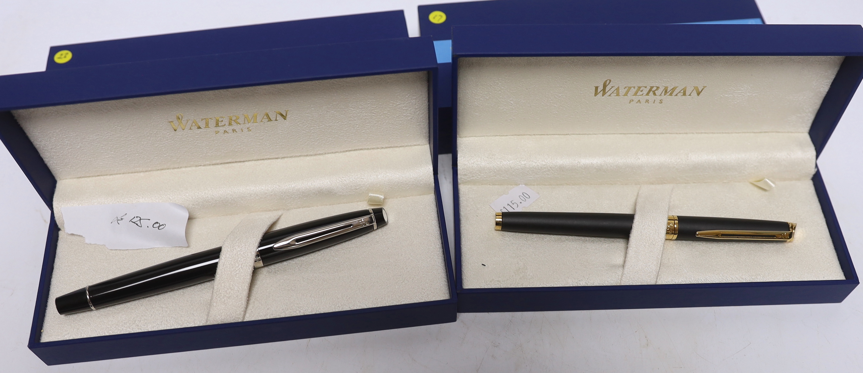 Six boxed Waterman pens; three Expert Rollerball pens, two Expert Ballpoint pens, and a Hemisphere Rollerball pen